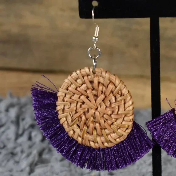 Boho Purple and Wicker Woven Earrings - Picture 3 of 7